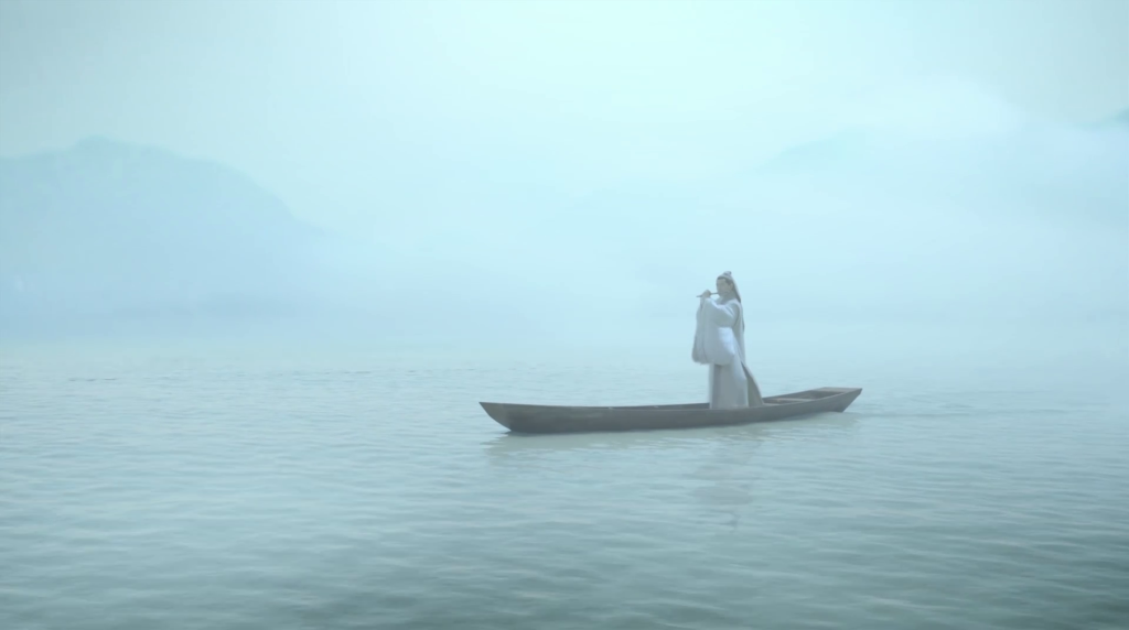 Mei Changsui sails out of the mist playing a flute.